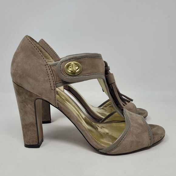 Coach Shoes Womens 9 Taupe Gray Suede Tristen Heels Tassel Sandals Turnlock - Picture 2 of 10